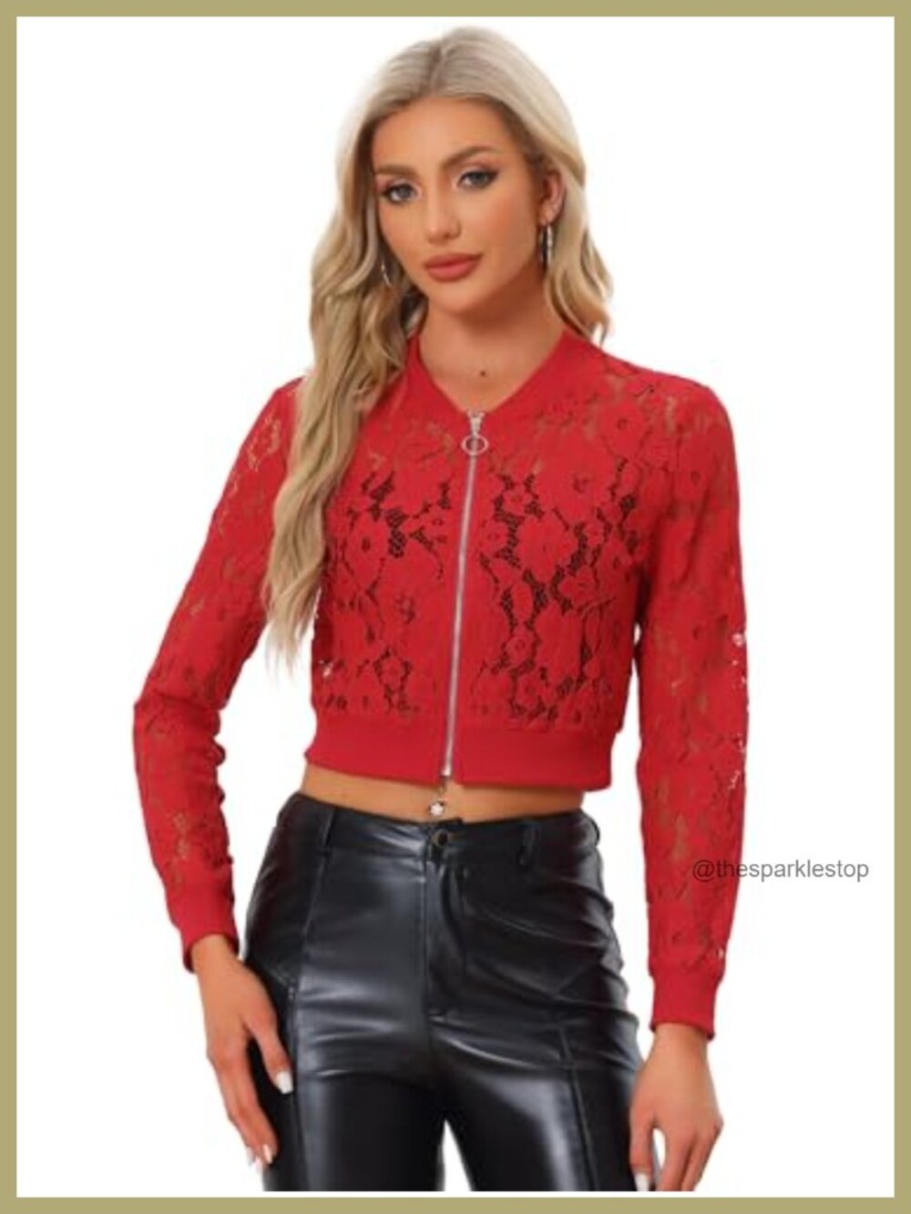 Allegra K Women's Lace Lightweight Zip Up Sheer Crop Baseball Jacket